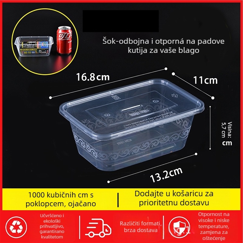 Jednokratna pravokutna kutija za obrok s poklopcem, prozirna, 1000 ml, PP plast, pogodna za mikrovalnu pećnicu