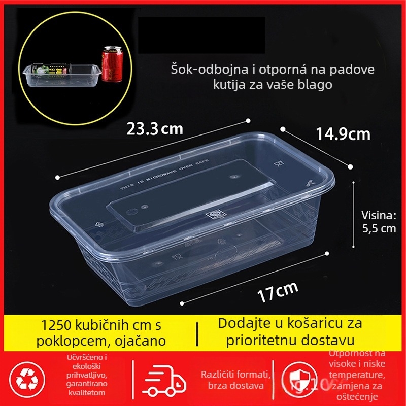 Jednokratna pravokutna kutija za obrok s poklopcem, prozirna, 1000 ml, PP plast, pogodna za mikrovalnu pećnicu