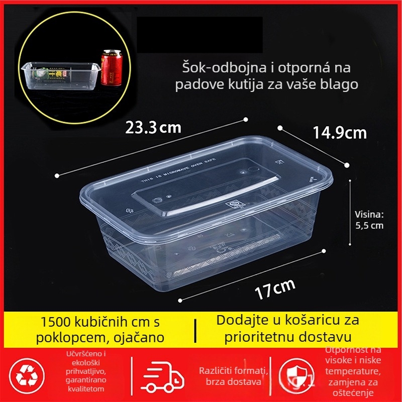Jednokratna pravokutna kutija za obrok s poklopcem, prozirna, 1000 ml, PP plast, pogodna za mikrovalnu pećnicu