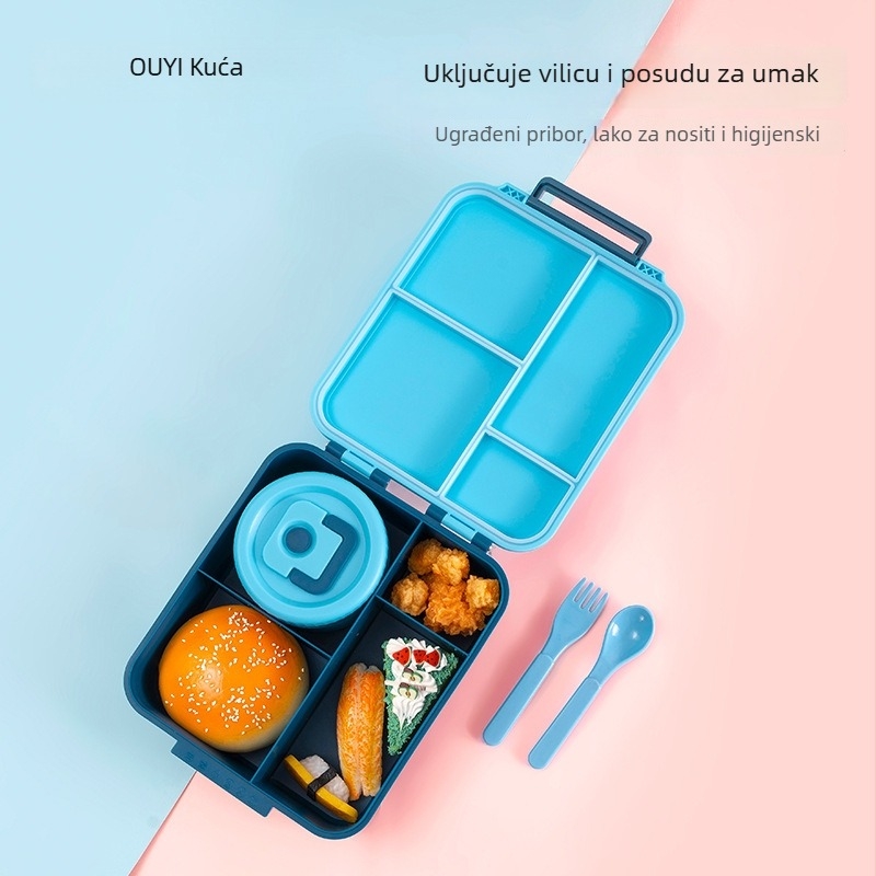 Dječja pravokutna podijeljena kutija za ručak, s posudom za juhu i vilicom/žlicom, PP hrane klase, 501–800 ml, mikrovalna sigurna