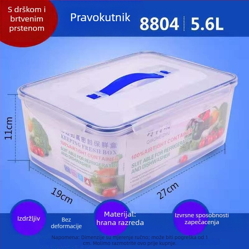 Prozirna plastična kutija za čuvanje hrane, PP materijal, pravokutnog oblika, kapacitet preko 5 L, zapečaćena, pogodna za mikrovalnu