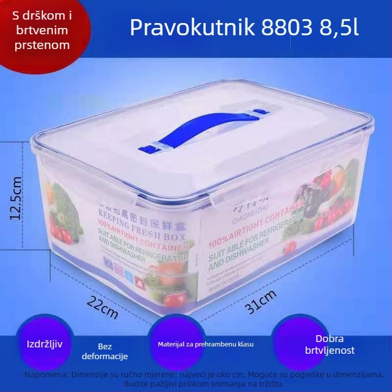 Prozirna plastična kutija za čuvanje hrane, PP materijal, pravokutnog oblika, kapacitet preko 5 L, zapečaćena, pogodna za mikrovalnu