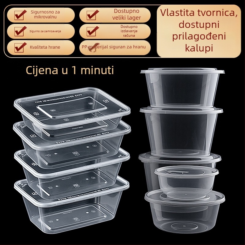 Jednokratna pravokutna kutija za ručak s poklopcem, debela plastična kutija za dostavu, PP siguran za hranu, mikrovalna sigurnost, mogućnost tiskanja logotipa