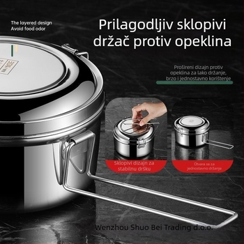 Kutija za ručak na paru s poklopcem, od nehrđajućeg čelika 316, prehrambene klase, okrugla, s pregradama
