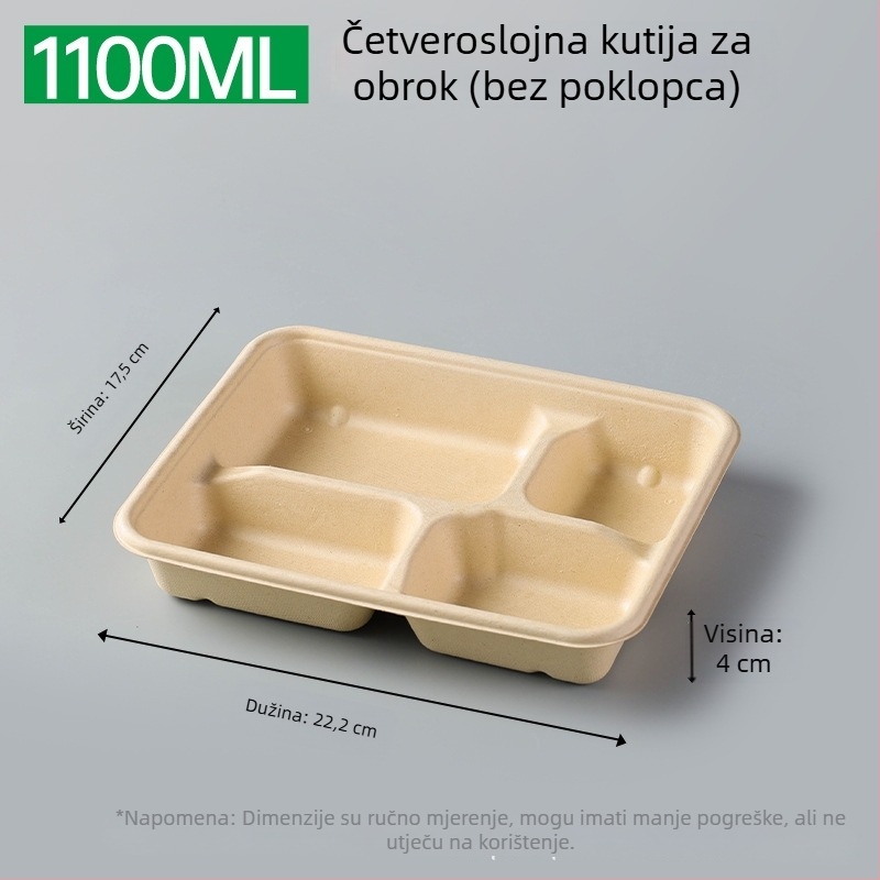 Jednokratna višekomorna kutija za ručak od celuloze šećerne trstike (3/4/5 odjeljaka), mikrovalna sigurna, biološki razgradiva, 25 komada u pakiranju