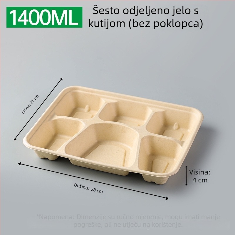 Jednokratna višekomorna kutija za ručak od celuloze šećerne trstike (3/4/5 odjeljaka), mikrovalna sigurna, biološki razgradiva, 25 komada u pakiranju