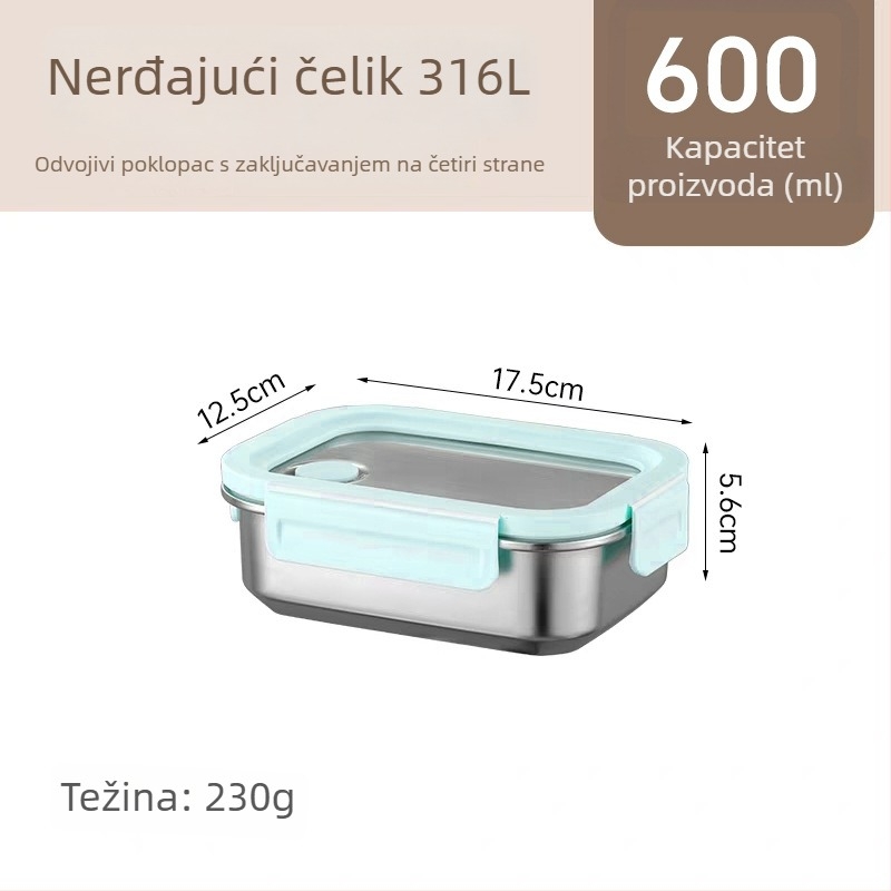 Kutija za ručak od 316L nehrđajućeg čelika, dvodomna, izolirana i zatvorena, pogodna za mikrovalnu pećnicu, 800–1000 ml, pravokutnog oblika