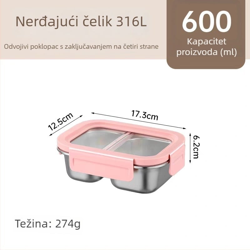 Kutija za ručak od 316L nehrđajućeg čelika, dvodomna, izolirana i zatvorena, pogodna za mikrovalnu pećnicu, 800–1000 ml, pravokutnog oblika