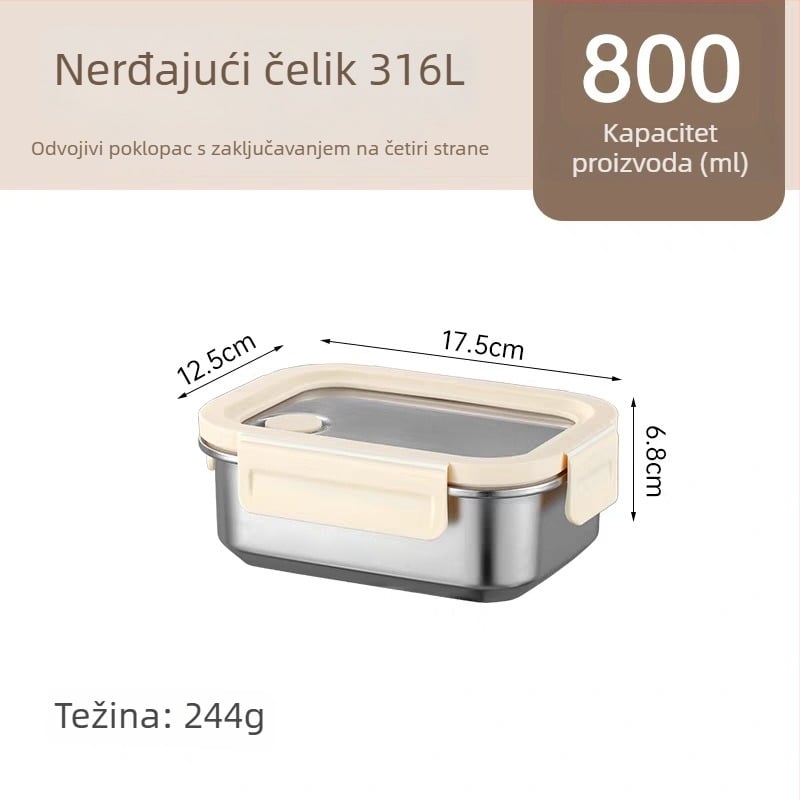 Kutija za ručak od 316L nehrđajućeg čelika, dvodomna, izolirana i zatvorena, pogodna za mikrovalnu pećnicu, 800–1000 ml, pravokutnog oblika