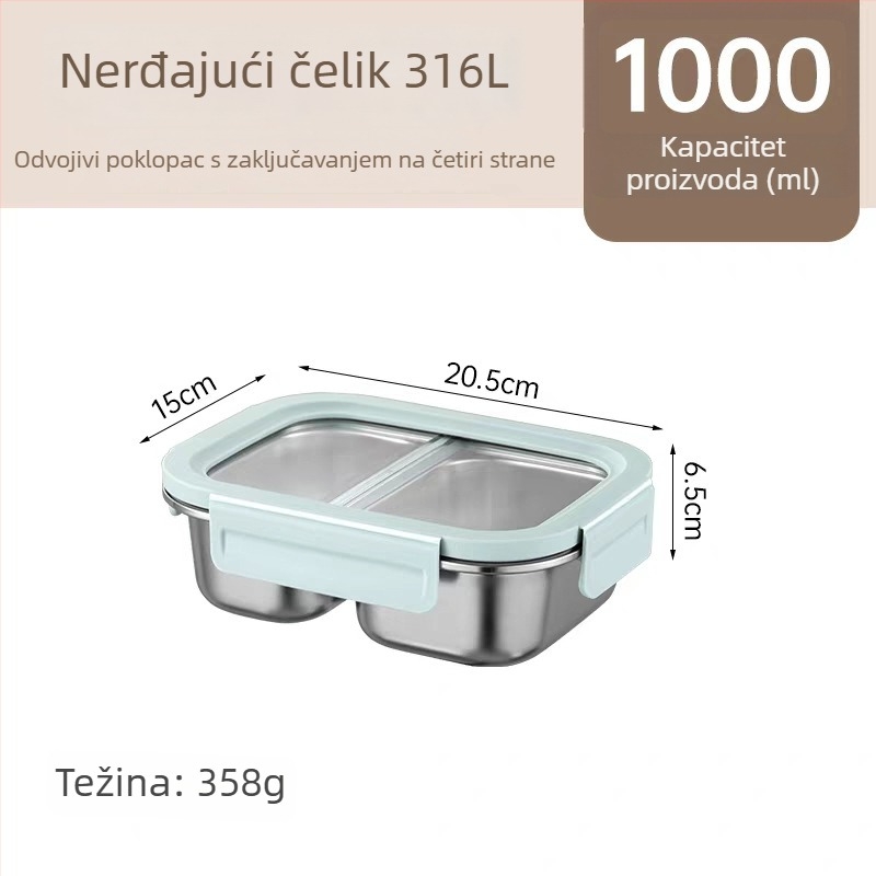 Kutija za ručak od 316L nehrđajućeg čelika, dvodomna, izolirana i zatvorena, pogodna za mikrovalnu pećnicu, 800–1000 ml, pravokutnog oblika
