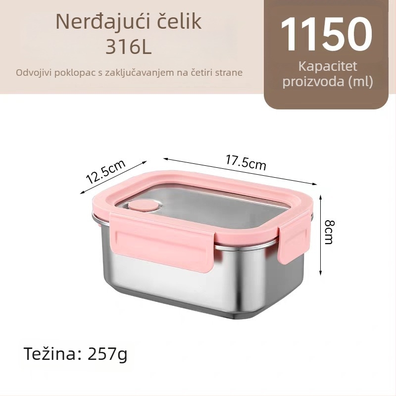 Kutija za ručak od 316L nehrđajućeg čelika, dvodomna, izolirana i zatvorena, pogodna za mikrovalnu pećnicu, 800–1000 ml, pravokutnog oblika