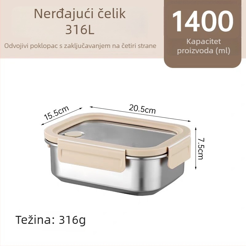 Kutija za ručak od 316L nehrđajućeg čelika, dvodomna, izolirana i zatvorena, pogodna za mikrovalnu pećnicu, 800–1000 ml, pravokutnog oblika
