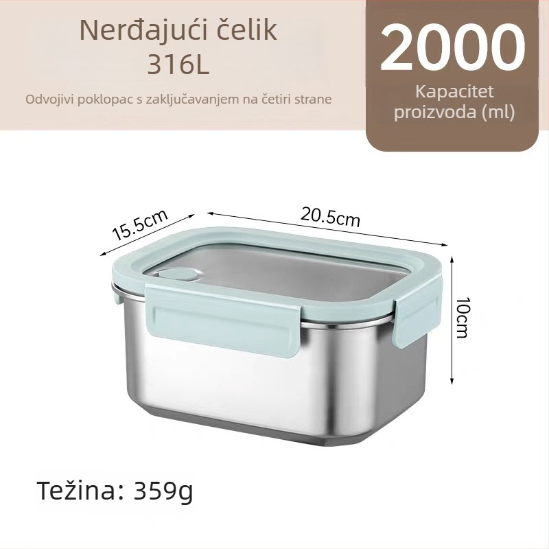 Kutija za ručak od 316L nehrđajućeg čelika, dvodomna, izolirana i zatvorena, pogodna za mikrovalnu pećnicu, 800–1000 ml, pravokutnog oblika