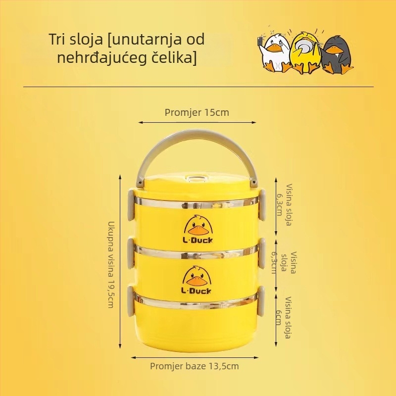 Trostruka nehrđajuća čelična kutija za obrok s motivom crtane patke, održava toplinu, kapacitet 1–2 L