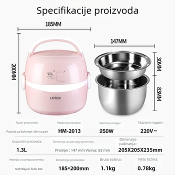 Električna kutija za ručak HM-2013, kapacitet 2.0 L, unutarnja posuda od 304 nehrđajućeg čelika, dvostruka izolacija, grijanje 300W
