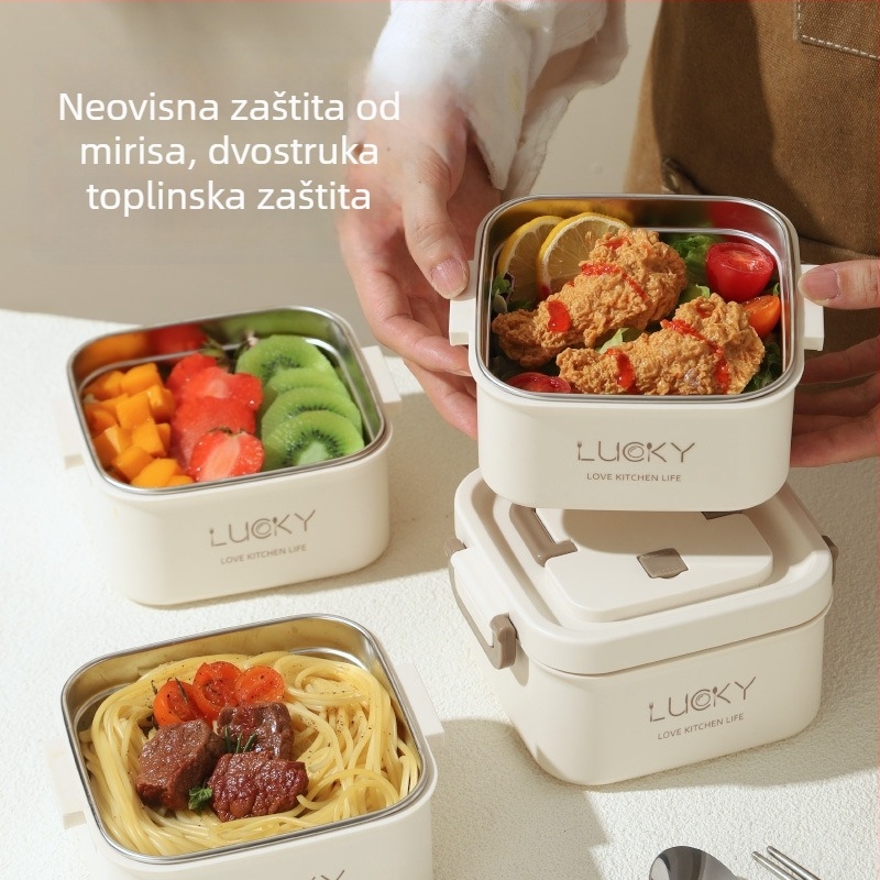 Luckychoice termo kutija za obrok od nehrđajućeg čelika 304, mikrovalna kompatibilna, drži toplinu, kapacitet 1–4 L, jednodijelna, dvostruko ili troslojna konstrukcija, mogućnost ispisa logotipa