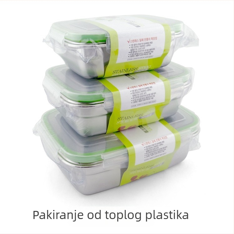 Set od tri posude za čuvanje hrane od 304 nehrđajućeg čelika, kvadratnog oblika, s poklopcem za brtvljenje i sprječavanje propuštanja