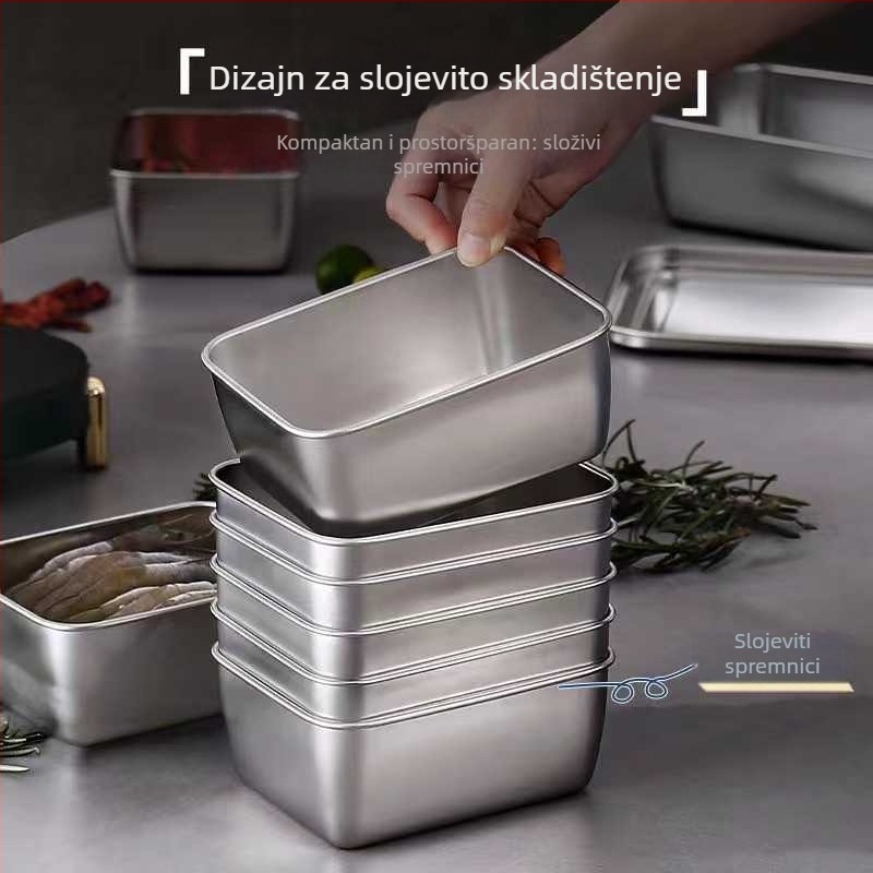 Kutija za čuvanje svježine od nehrđajućeg čelika 304, pravokutnog oblika s poklopcem, mikrovalna kompatibilna, kapacitet 301–500 ml, moderni minimalistički stil