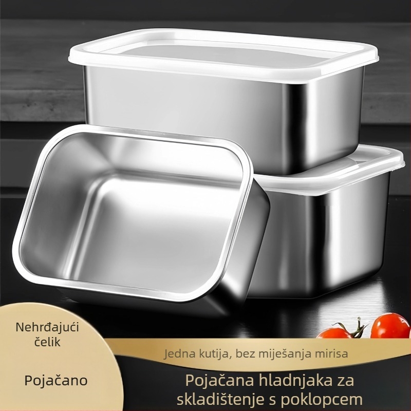 Kutija za čuvanje svježine od nehrđajućeg čelika 304, pravokutnog oblika s poklopcem, mikrovalna kompatibilna, kapacitet 301–500 ml, moderni minimalistički stil
