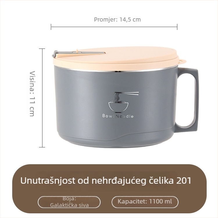 Posuda od 304 nehrđajućeg čelika za instantnu tjesteninu s poklopcem, odvodna kutija za ručak, kapacitet 1–2 L, lagani luksuzan retro stil