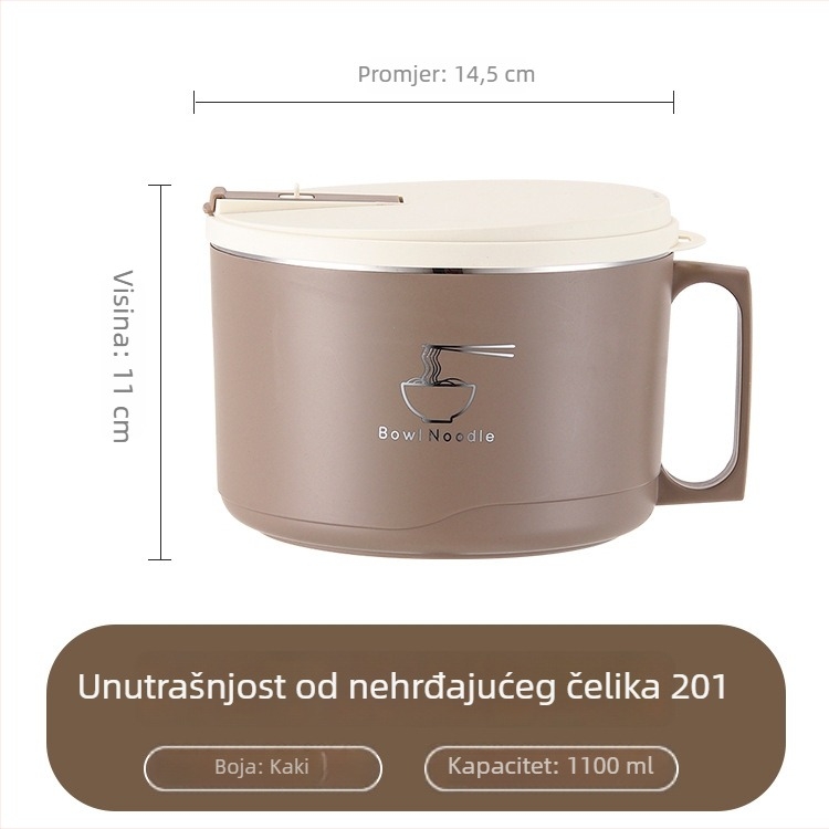 Posuda od 304 nehrđajućeg čelika za instantnu tjesteninu s poklopcem, odvodna kutija za ručak, kapacitet 1–2 L, lagani luksuzan retro stil