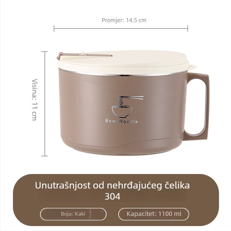 Posuda od 304 nehrđajućeg čelika za instantnu tjesteninu s poklopcem, odvodna kutija za ručak, kapacitet 1–2 L, lagani luksuzan retro stil
