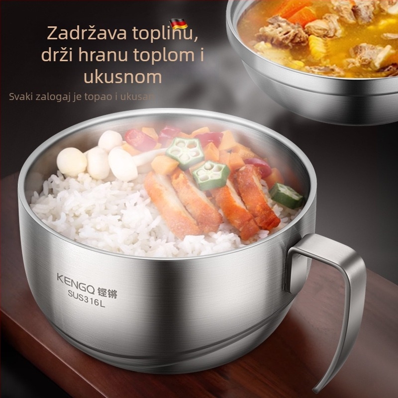 Kutija za ručak od 316L nehrđajućeg čelika s poklopcem, dvostruki sloj, mikrovalna sigurna, zapremina 1–2 L