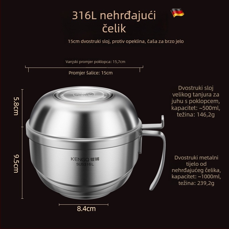 Kutija za ručak od 316L nehrđajućeg čelika s poklopcem, dvostruki sloj, mikrovalna sigurna, zapremina 1–2 L