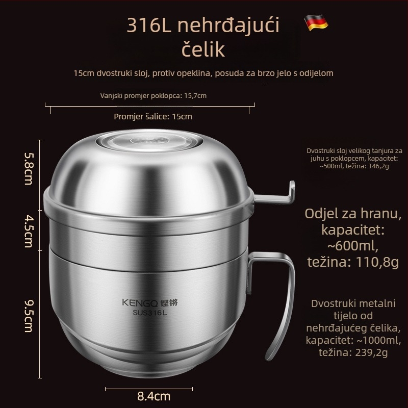 Kutija za ručak od 316L nehrđajućeg čelika s poklopcem, dvostruki sloj, mikrovalna sigurna, zapremina 1–2 L
