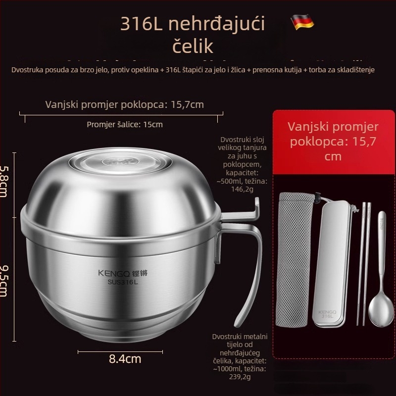 Kutija za ručak od 316L nehrđajućeg čelika s poklopcem, dvostruki sloj, mikrovalna sigurna, zapremina 1–2 L