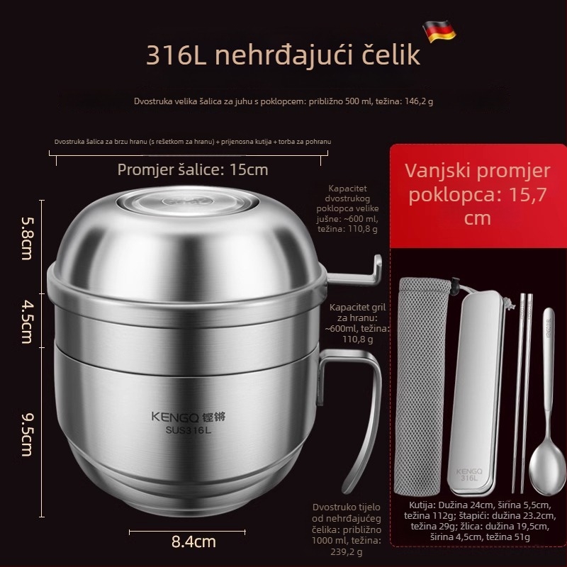 Kutija za ručak od 316L nehrđajućeg čelika s poklopcem, dvostruki sloj, mikrovalna sigurna, zapremina 1–2 L