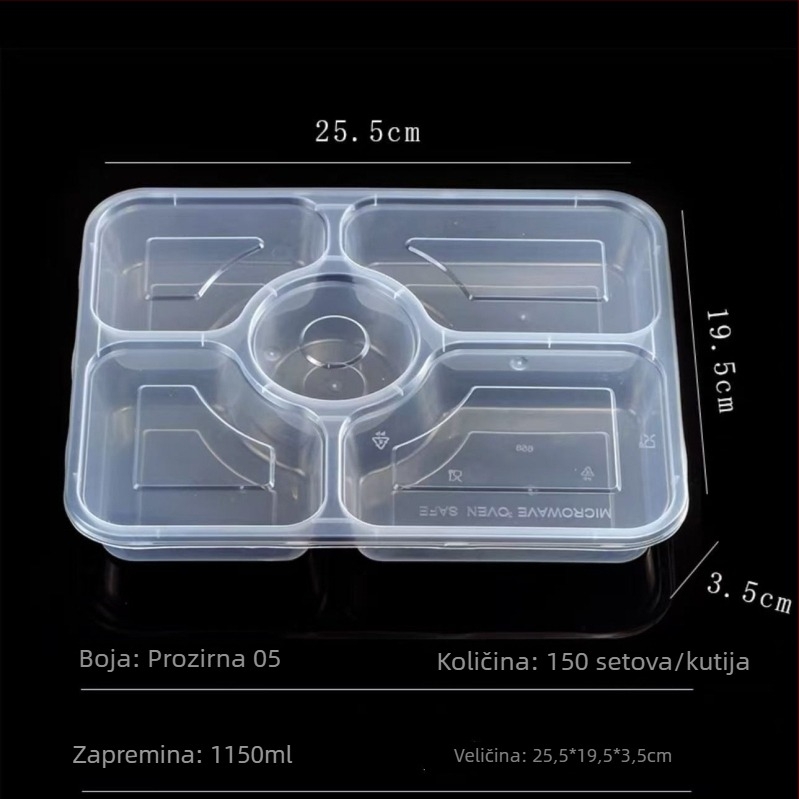 Petodijelna jednokratna kutija za ručak, prozirna, PP prehrambene kvalitete, mikrotalasno sigurna, pakiranje 150 komada, kineski stil, broj licence Zhexk16-205-00544
