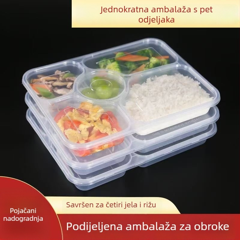 Petodijelna jednokratna kutija za ručak, prozirna, PP prehrambene kvalitete, mikrotalasno sigurna, pakiranje 150 komada, kineski stil, broj licence Zhexk16-205-00544