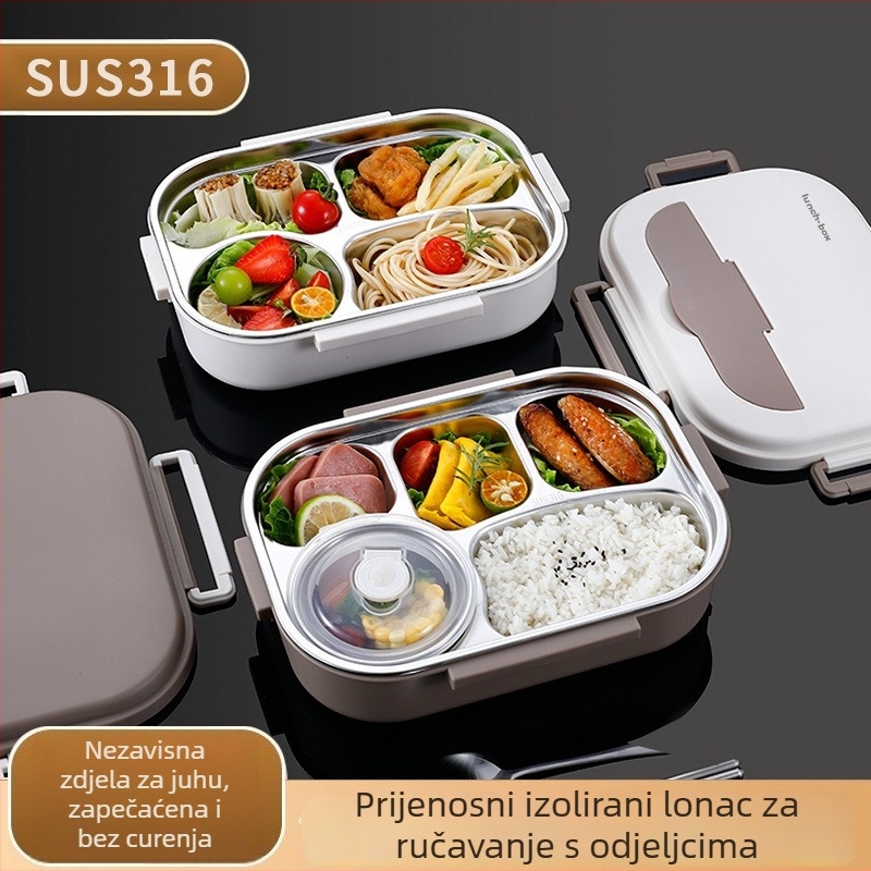 Kutija za ručak od 316 nehrđajućeg čelika s pregradom i zdjelom, prijenosna, kapaciteta 1-2 L, izolirana