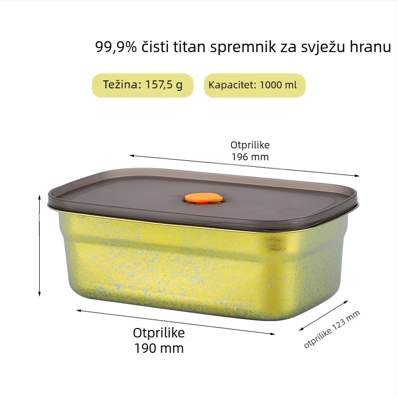 Kutija za obrok od čistog titana sa zatvorenim poklopcem, kvadratna, jednodjelna, čuva svježinu hrane