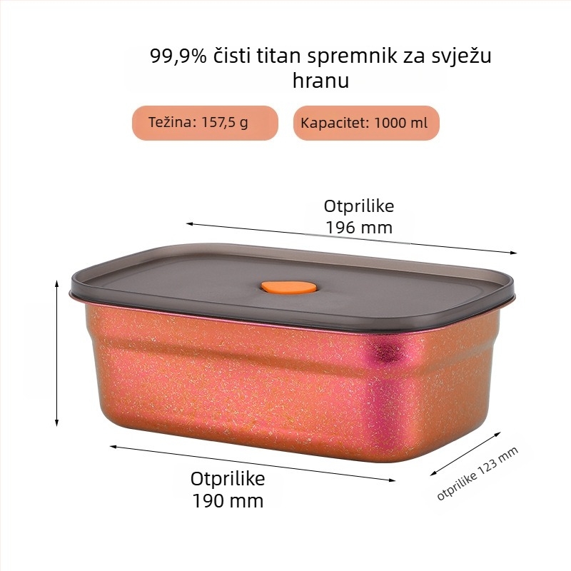 Kutija za obrok od čistog titana sa zatvorenim poklopcem, kvadratna, jednodjelna, čuva svježinu hrane