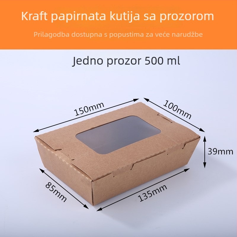 Jednokratna kutija za obrok od kraft papira s jednim prozorom, za dostavu, pogodna za sushi i voćnu salatu (materijal: papir; prozor: jedno; mikrovalna pećnica: Ne; ispis loga: Da)