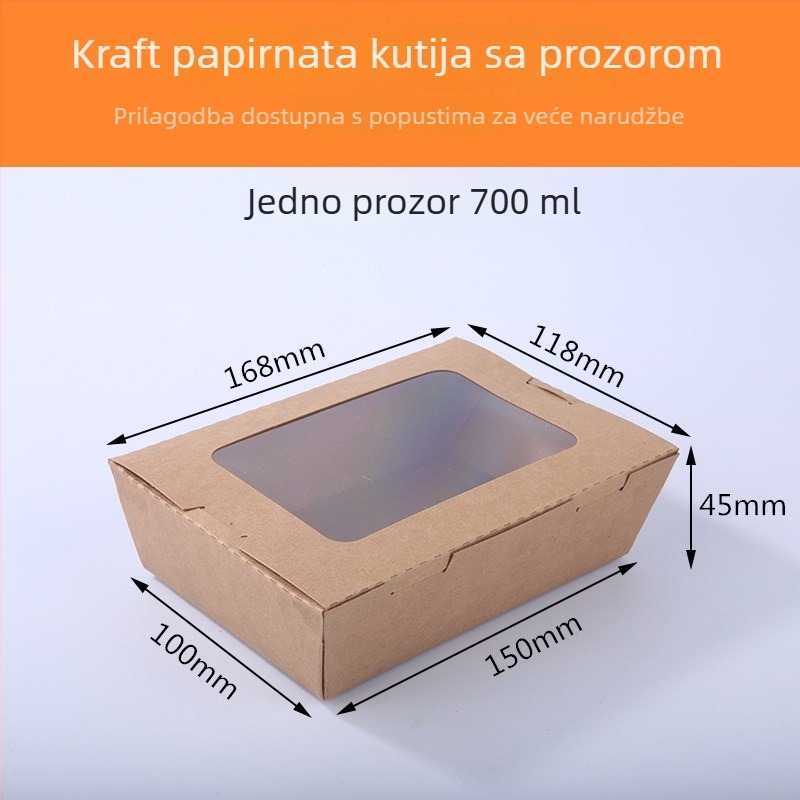 Jednokratna kutija za obrok od kraft papira s jednim prozorom, za dostavu, pogodna za sushi i voćnu salatu (materijal: papir; prozor: jedno; mikrovalna pećnica: Ne; ispis loga: Da)