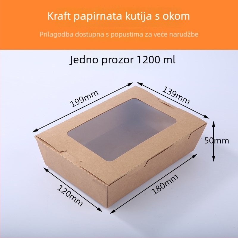Jednokratna kutija za obrok od kraft papira s jednim prozorom, za dostavu, pogodna za sushi i voćnu salatu (materijal: papir; prozor: jedno; mikrovalna pećnica: Ne; ispis loga: Da)