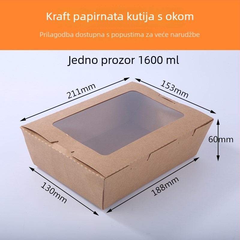 Jednokratna kutija za obrok od kraft papira s jednim prozorom, za dostavu, pogodna za sushi i voćnu salatu (materijal: papir; prozor: jedno; mikrovalna pećnica: Ne; ispis loga: Da)