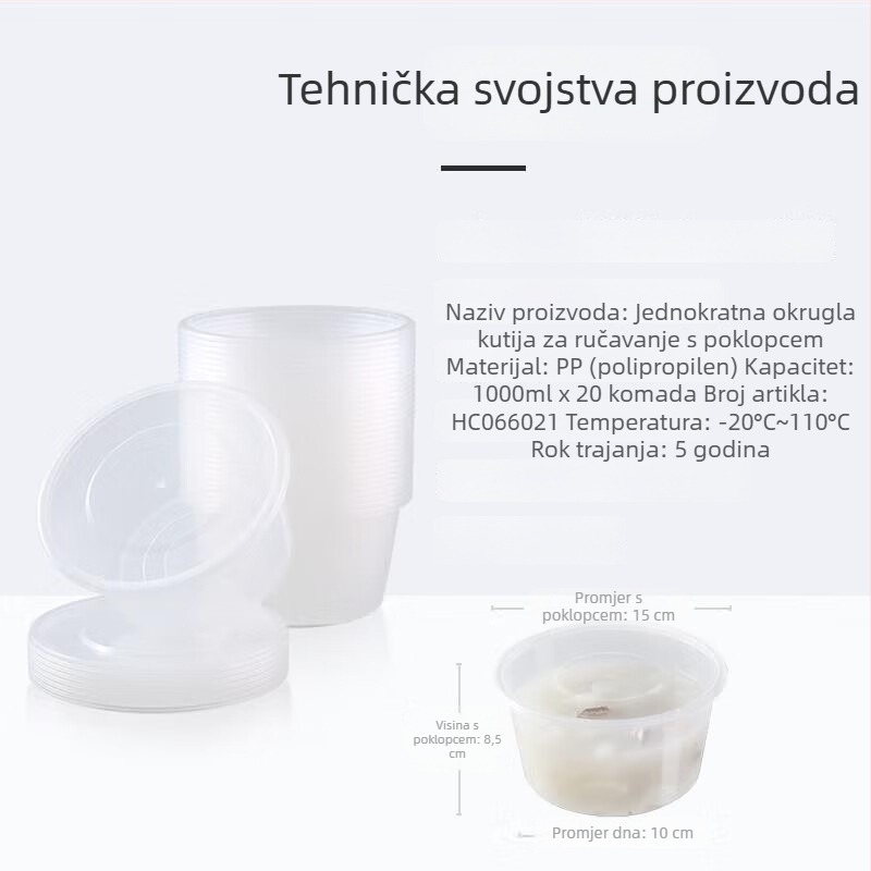 Jednokratna plastična kutija za ručak s poklopcem, debeli dizajn, prozirno tijelo, pogodna za mikrovalnu pećnicu, 50 setova u pakiranju