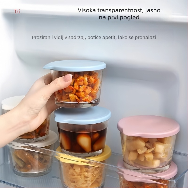 Staklena trodjelna posuda s poklopcem za uskladištavanje kiselih krastavaca, kapacitet ispod 300 ml, mikrovalno sigurna, za pohranu u hladnjaku