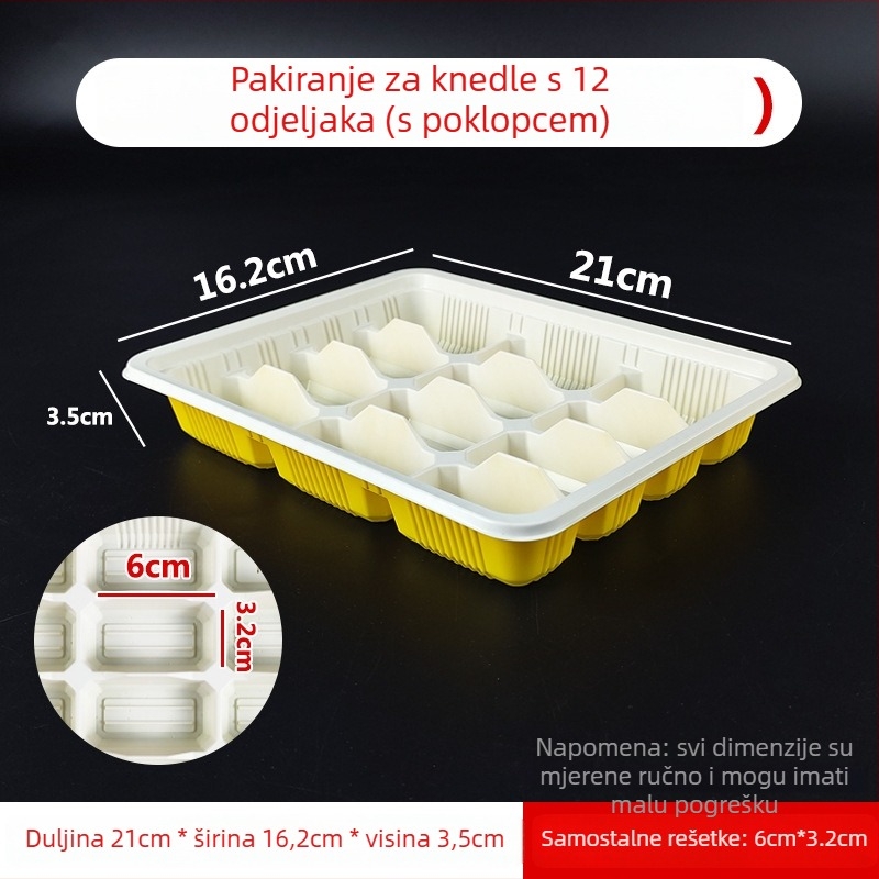 Jednokratna kutija za knedle s poklopcem, plastična kutija s pregradama za sirove i kuhane knedle (hranjiva PP; mikrovalna nije pogodna; nije razgradiva)