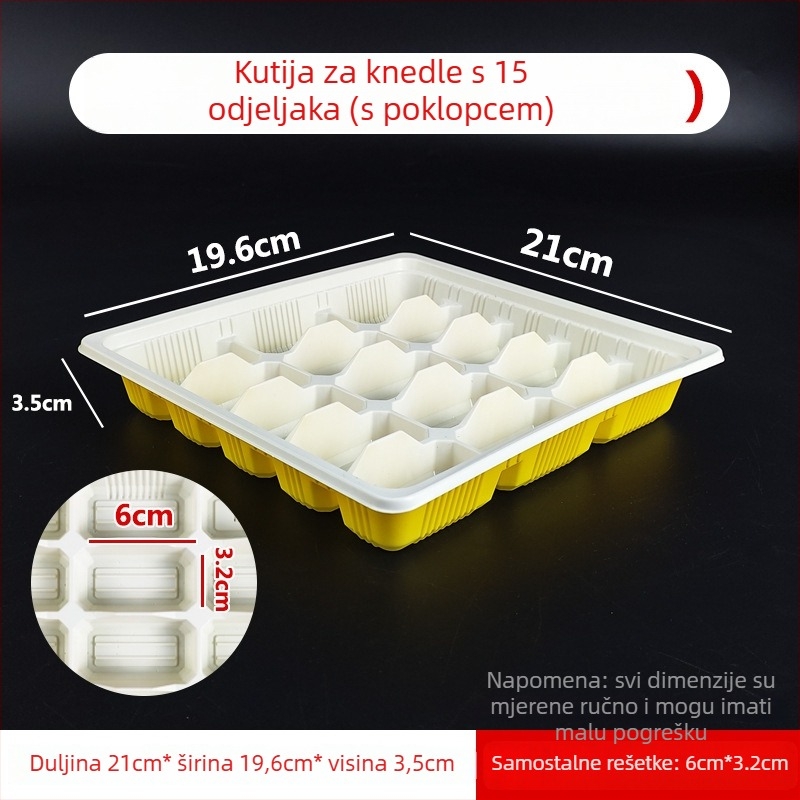 Jednokratna kutija za knedle s poklopcem, plastična kutija s pregradama za sirove i kuhane knedle (hranjiva PP; mikrovalna nije pogodna; nije razgradiva)