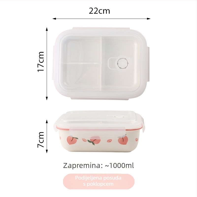 Keramička kutija za ručak s odjeljcima i poklopcem, pogodna za mikrovalnu pećnicu, zapremina 800–1000 ml