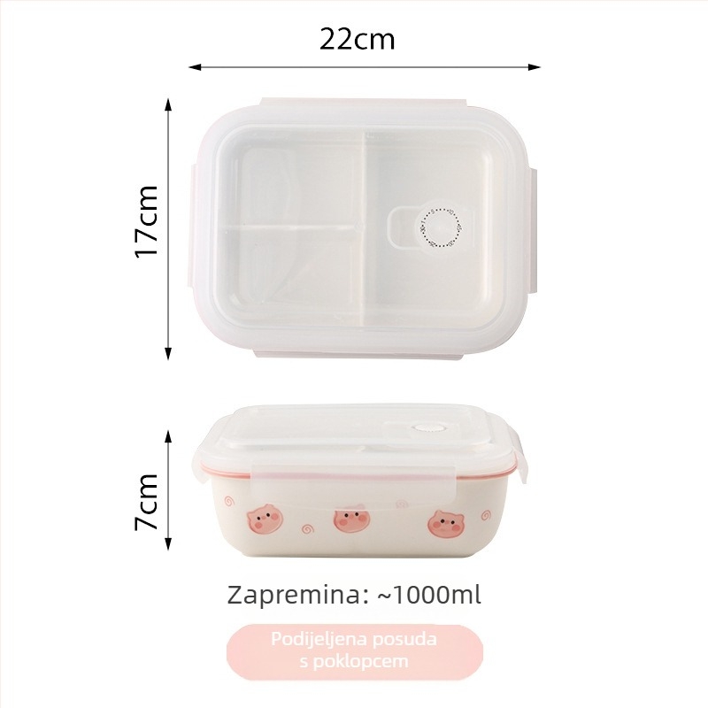Keramička kutija za ručak s odjeljcima i poklopcem, pogodna za mikrovalnu pećnicu, zapremina 800–1000 ml