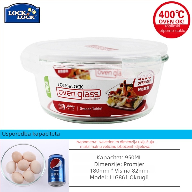 Lock staklena kutija za ručak, otporna na toplinu, kompatibilna s mikrovalnom pećnicom, zatvorena posuda – okrugla ili pravokutna, model LLG445, kapacitet 301–1000 ml