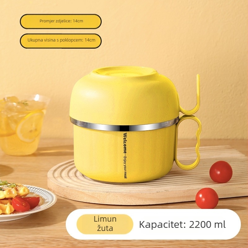 Nehrđajući čelični kutija za ručak s poklopcem i ručkom — okruglog oblika, kapacitet 800–1000 ml, jednovrstna, nije pogodno za mikrovalnu pećnicu