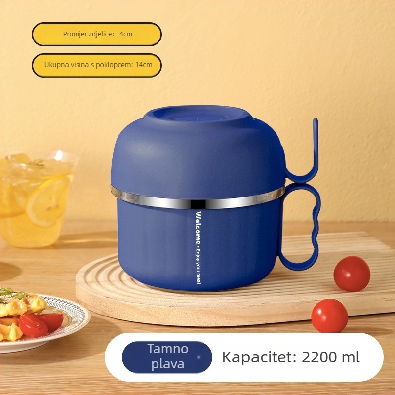 Nehrđajući čelični kutija za ručak s poklopcem i ručkom — okruglog oblika, kapacitet 800–1000 ml, jednovrstna, nije pogodno za mikrovalnu pećnicu