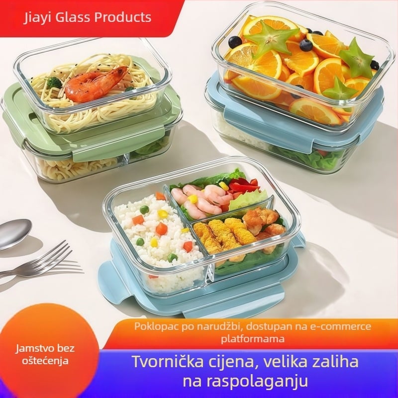 Kutija za ručak od borosilikatnog stakla, pogodna za mikrovalnu, kvadratni i okrugli oblik, 3 odjeljka, prijenosna za ured i školu